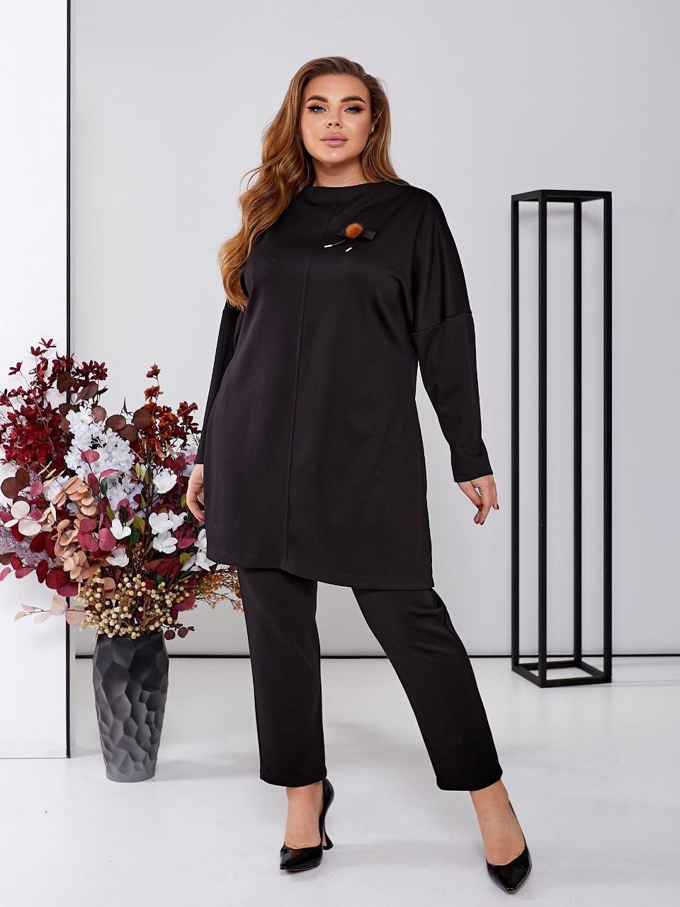 Женский черный трикотажный костюм большого размера батал 50-56 брюки и удлиненная кофта, фото 1