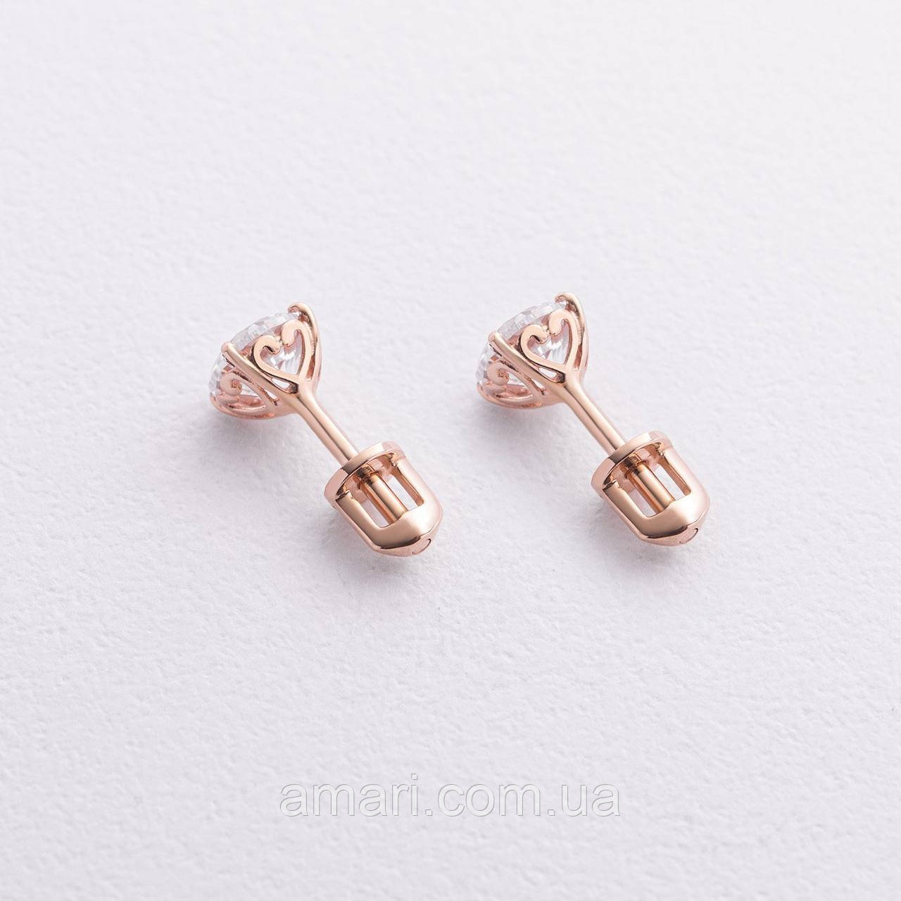 Сережки-пусети "Сердечка" у червоному золоті 
(фіаніти) с09375, фото 1