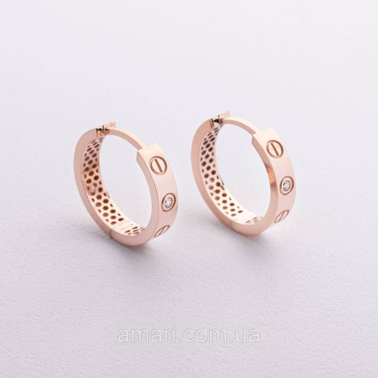 Золоті сережки — кільця "Love" з фіанітами 
с09362, фото 1