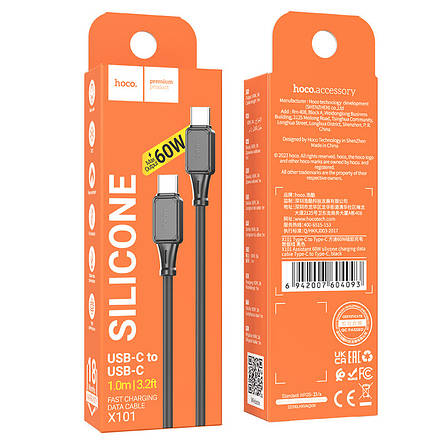 Кабель Hoco X101 Assistant 60W silicone charging data cable Type-C to Type-C Black, фото 3
