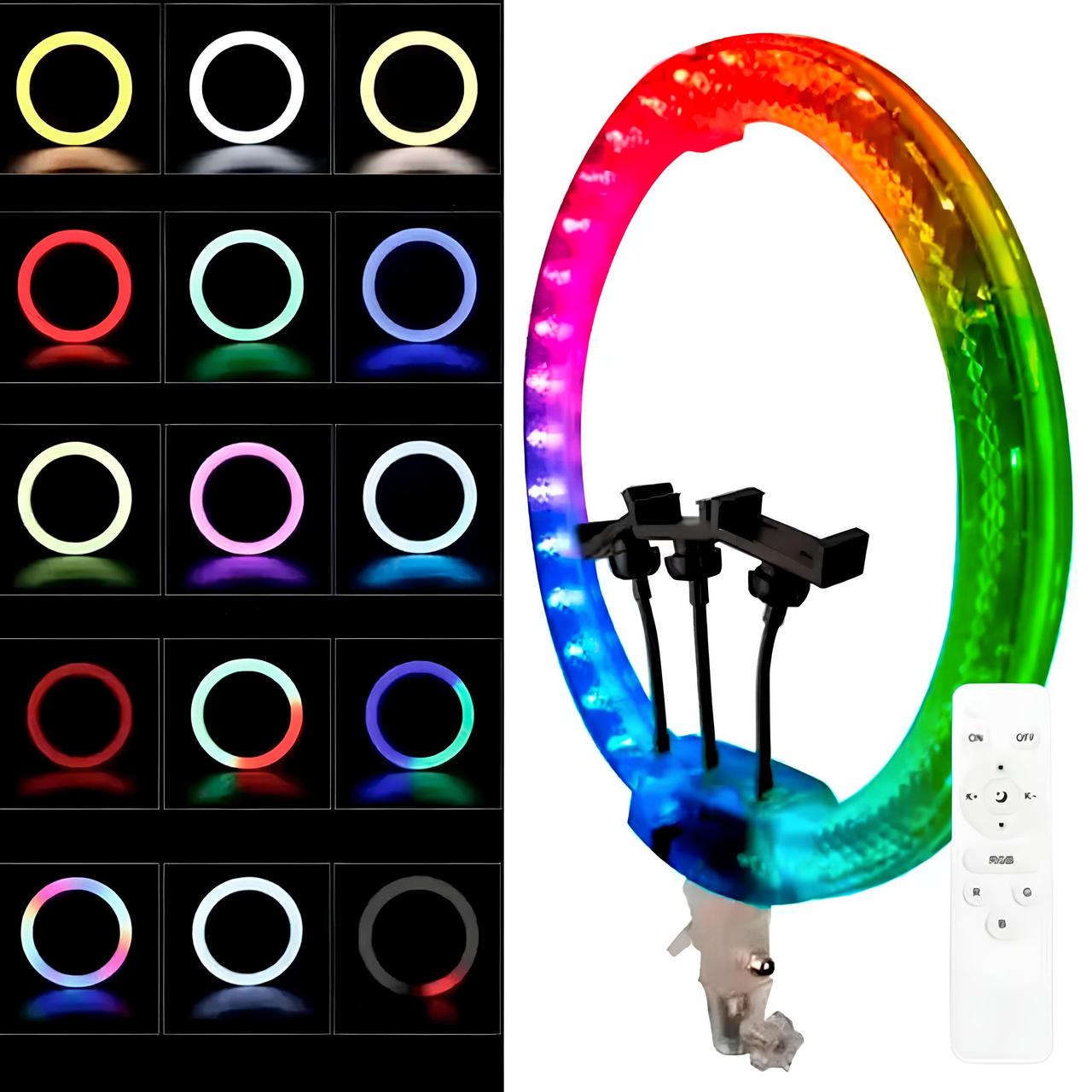 Кільцева лампа RGB (56см) + 3 тримача + Пульт, від мережі, 3D-56 / Лампа для тік ток / Селфі лампа