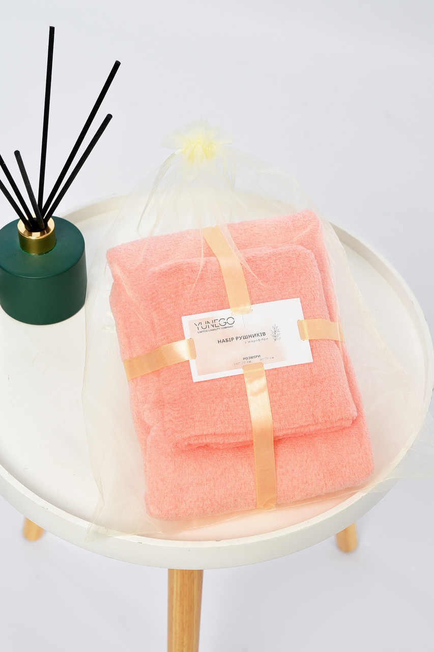 Набір однотонних рушників з мікрофібри банне+для обличчя персикового кольору 196446P, фото 1