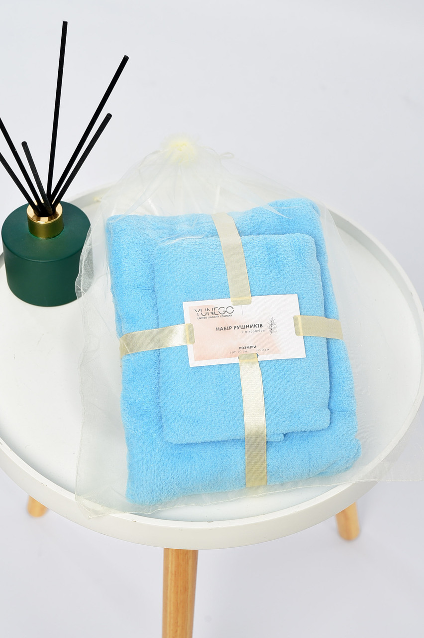 Набір однотонних рушників з мікрофібри банне+для обличчя блакитного кольору 196449P, фото 1