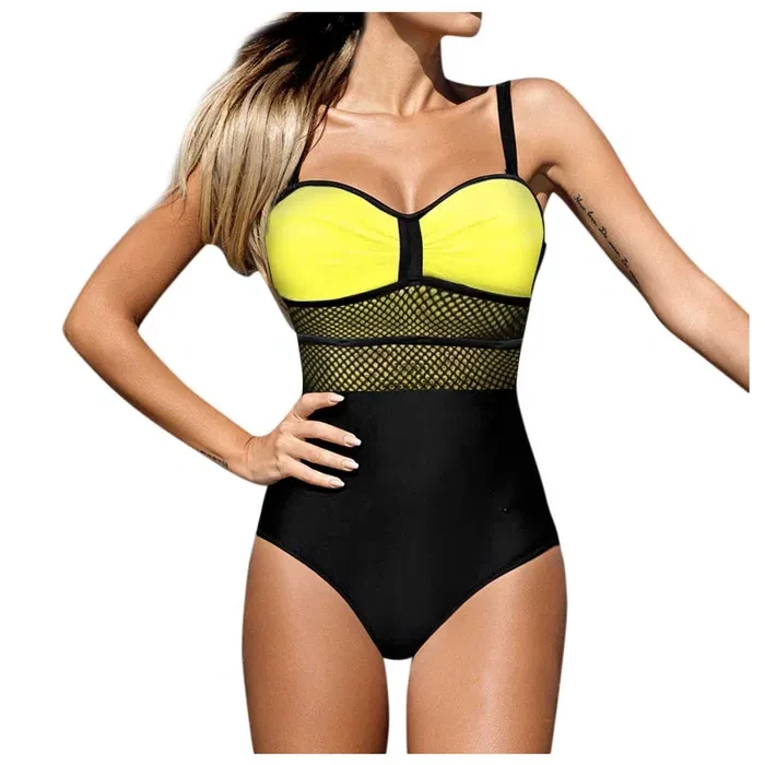 Закритий купальник з жовтими чашками і знімними бретелями, фото 1