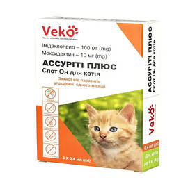 Краплі на холку для котів від кліщів, бліх та гельмінтів Veko Асуріті Плюс  вагою до 4 кг, 1 піпетка