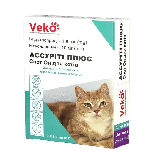 Краплі на холку для котів від кліщів, бліх та гельмінтів Veko Асуріті Плюс вагою 4-8 кг, 1 піпетка