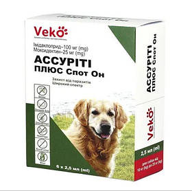 Краплі на холку для собак від кліщів, бліх і гельмінтів Veko Ассуріті Плюс вагою 10-25 кг, 1 піпетка