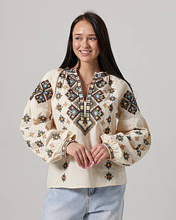 Жіноча вишиванка з геометричним орнаментом ESQ 5618, вишита блузка в етно стилі з довгим рукавом