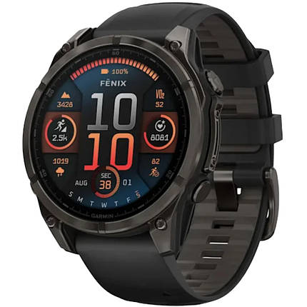 Garmin Fenix 8 смарт-годинник Amoled 47 мм Sapphire Carbon Grey DLC Titanium with Black Silicone Band 010-02904-21, фото 1