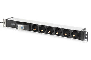 Пристрій розподілу електроживлення DIGITUS 1U, 6xSchuko, 16A, 250V, автомат, вилка Schuko
