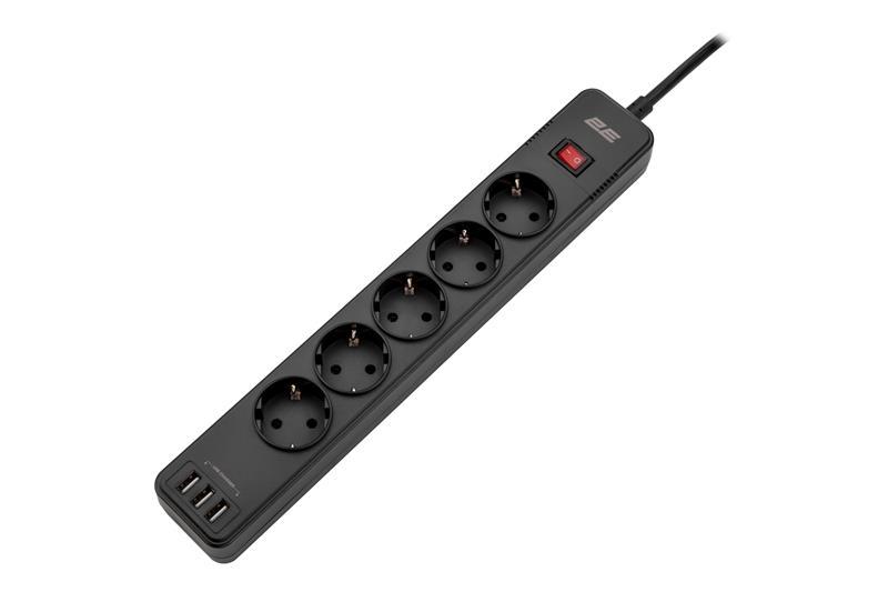Подовжувач-фільтр мережевий 2E 5xТип F, 3x1.5мм кв, 16A, 3xUSB-A, з захистом від перенапруги, 2м, чорний, фото 1
