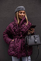 Жіноча стьобана демісезонна куртка на кнопках з поясом Kdh24