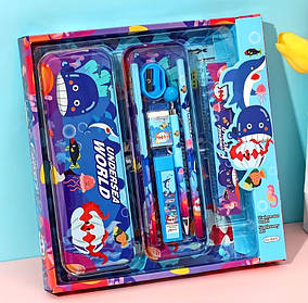 Пенал шкільний «Акули» з канцелярським приладдям для школи в комплекті