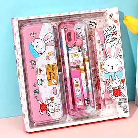 Пенал шкільний «Кролики» з канцелярським приладдям для школи в комплекті