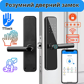 Смарт замок кодовий розумний дверний KHS-N8 з відбитком пальця і ключ-картою, чорний