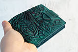 Жіночий шкіряний гаманець маленький Арт-Деко темно-бірюзовий з тисненням Карпати, фото 8
