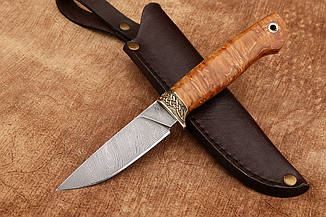 Нескладний ніж ручної роботи для полювання Ахілес 2, з дамаської сталі 60 HRC зі шкіряним чохлом у комплекті
