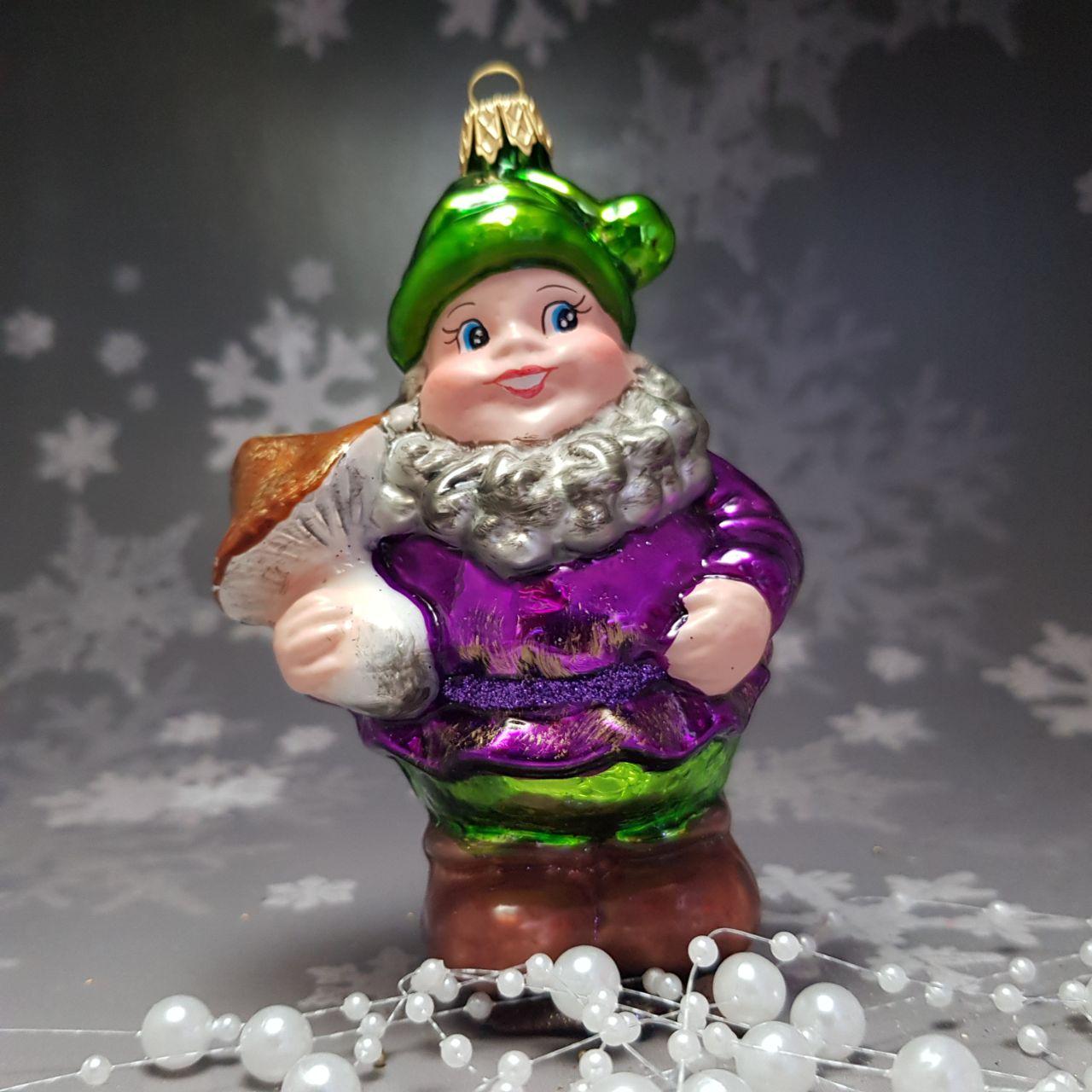 Скляна іграшка Гном із грибочком Snegka Poland Ручної роботи