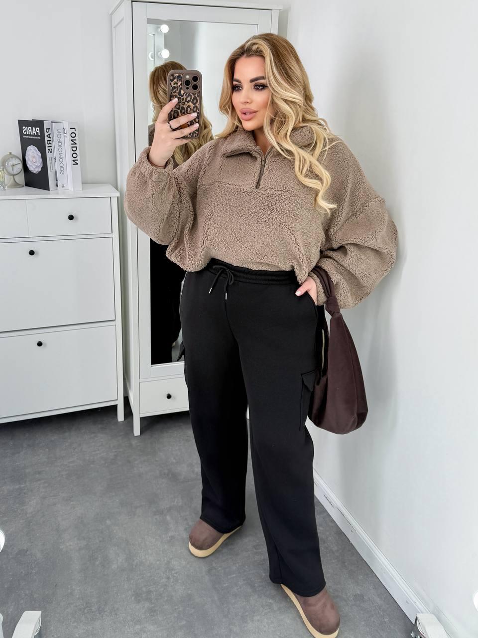 Жіночі чоні теплі штани карго великого розміру plussize 50-60 широкі прямі тринитка на флісі (Туреччина)