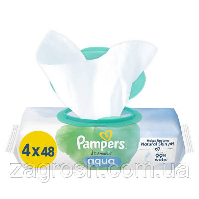 Promo Ціна! Дитячі вологі серветки Pampers Harmonie Aqua 4 пачки х 48 шт (8006540556139) - тільки на ZaGrosh.com.ua