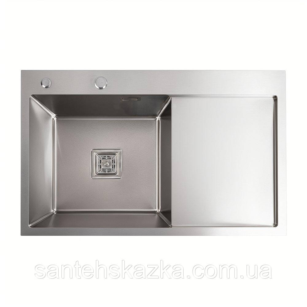 Мийка нержавійка Platinum Handmade 78*50B L (два отвори ,квадратний сифон 3.0/1.0), фото 1