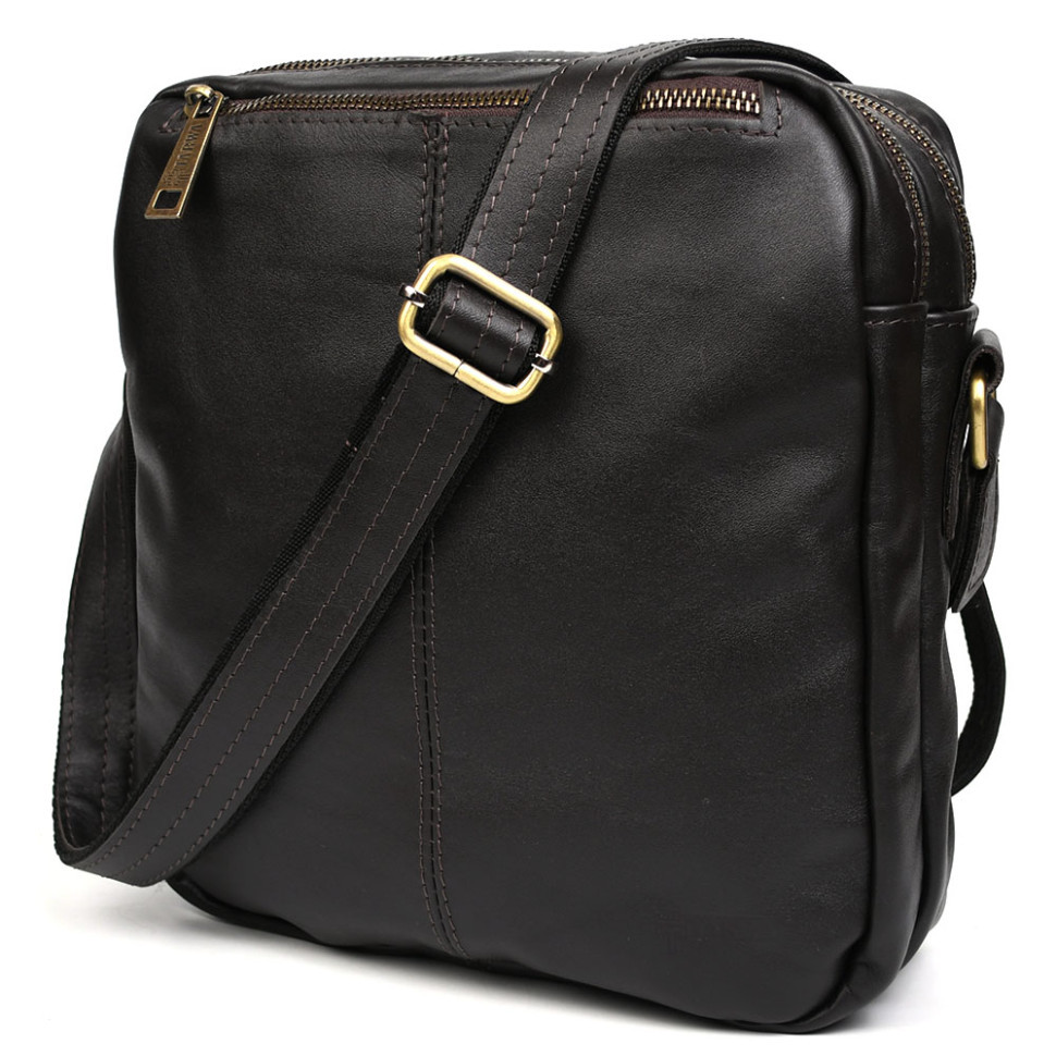 Чоловіча шкіряна сумка через плече планшет месенджер із натуральної шкіри коричнева 24*26*7 см, фото 1