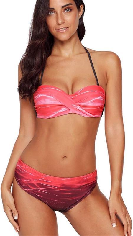 Жіночий купальник халтер роздільний червоного кольору пушап з кісточками, фото 1