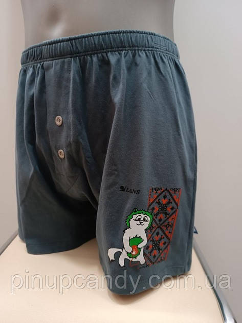 Чоловічі боксерки шорти сімейні на ґудзиках Lans L01/019 100% бавовна Кіт Вишиванка сірі (розміри: L-3XL), фото 1