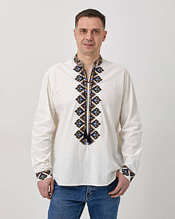 Чоловіча вишиванка з геометричним орнаментом ESQ B001, біла сорочка в етно стилі з довгим рукавом