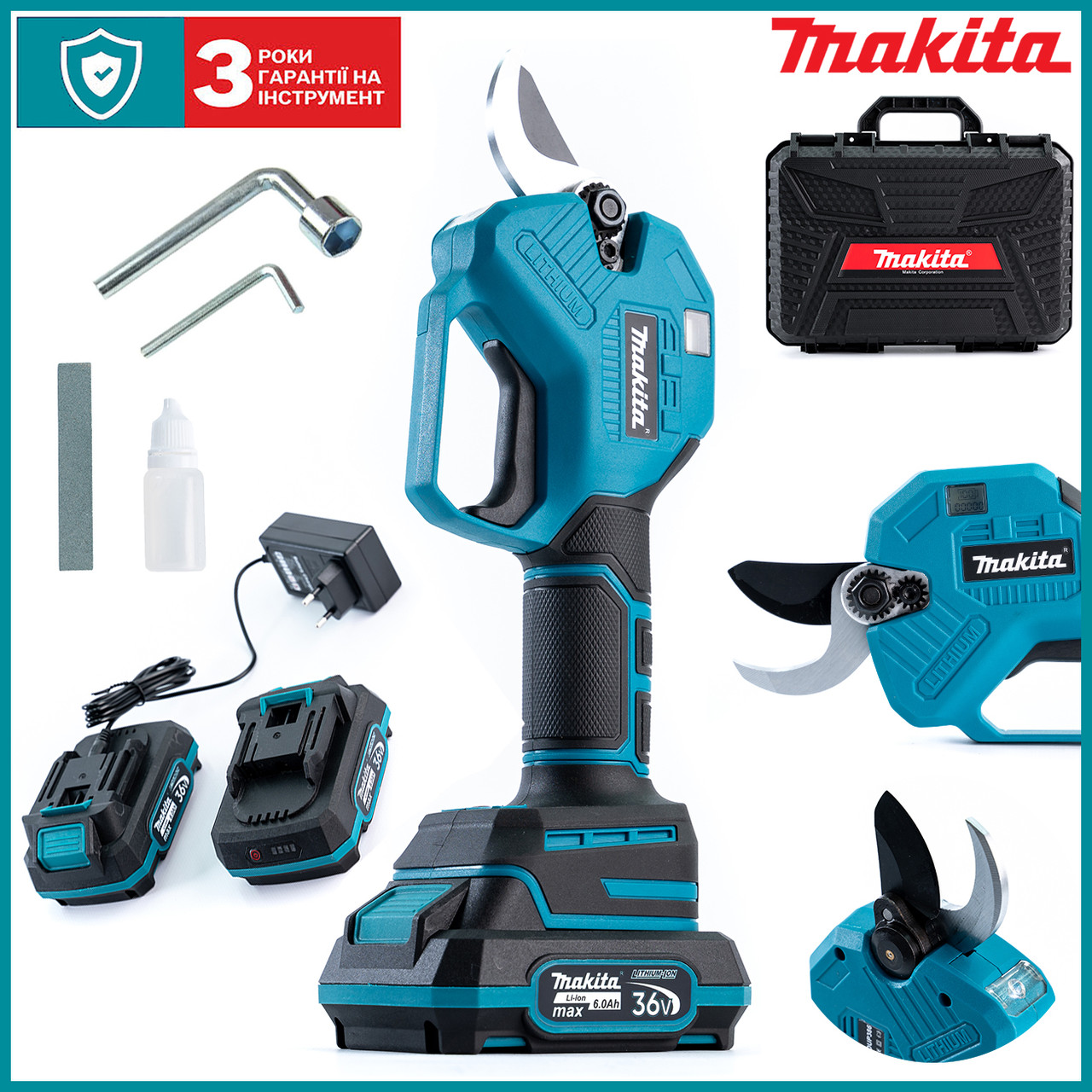 Безщітковий акумуляторний секатор Makita DUP386 (36 V, 6 AH) Потужний садовий АКБ-секатор Макіта 35 мм bs