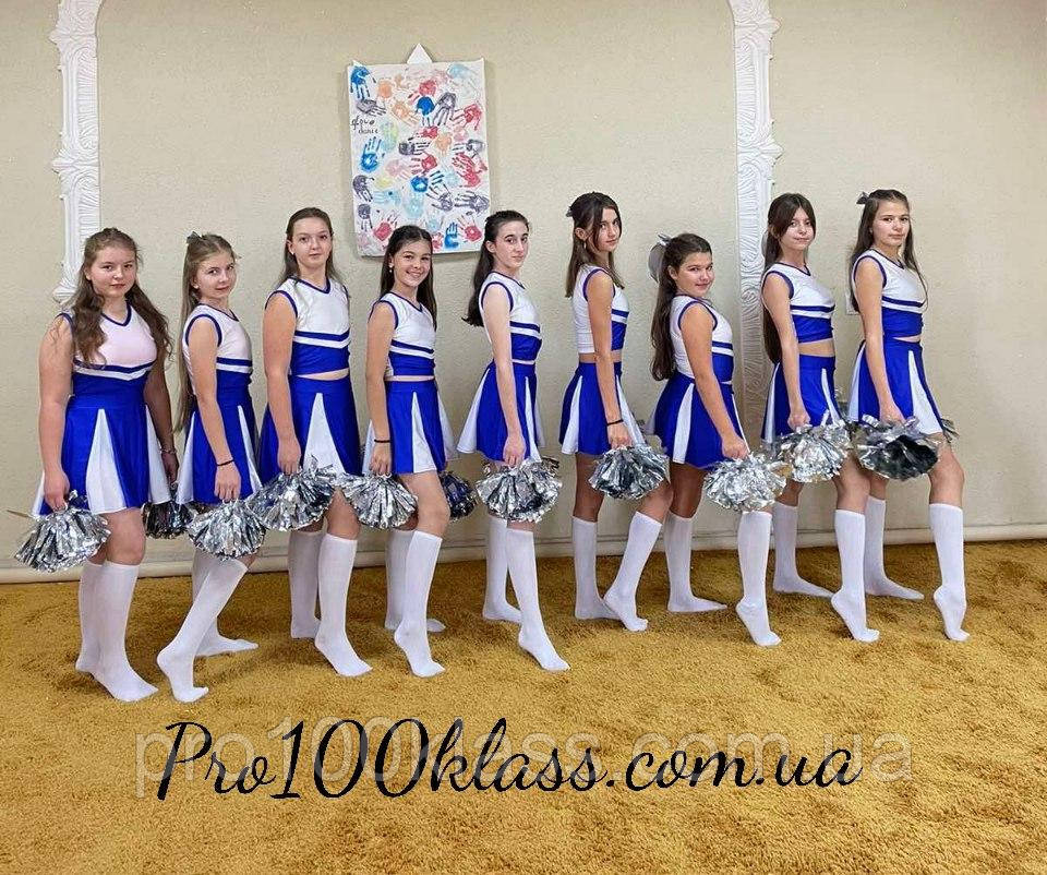 Форма спортивна дитяча для черлідера синій: майка + спідниця-шорти. Групові костюми для чорнидингу