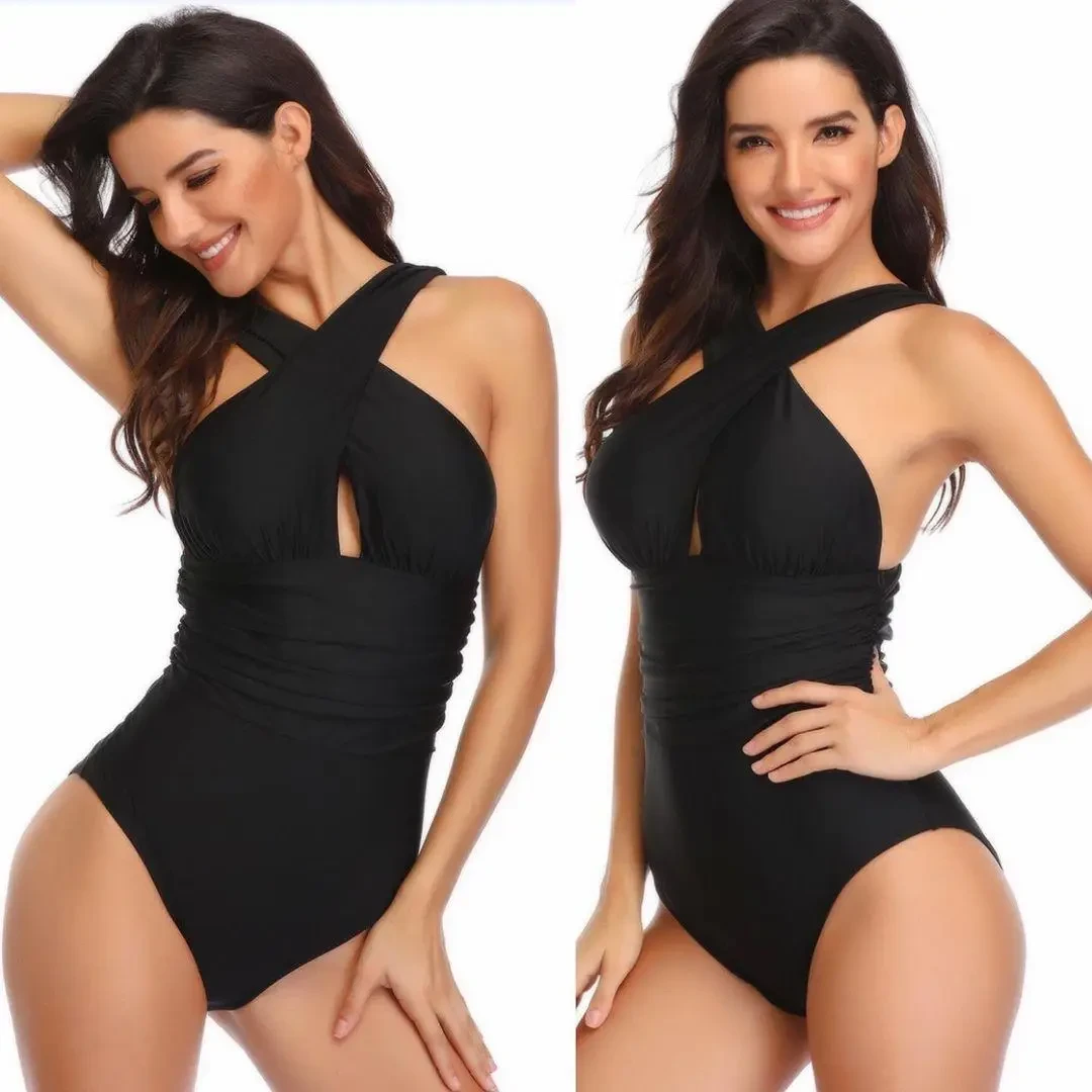 Пляжний жіночий суцільний купальник чорного кольору з палітуркою, фото 1