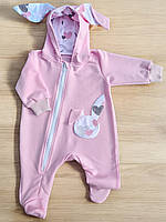 Дитячий комбінезон на 3-6 міс. 62-68см з турецькї 2-х нитки з натуральної бавовни з вушками зайченя - Рожевий