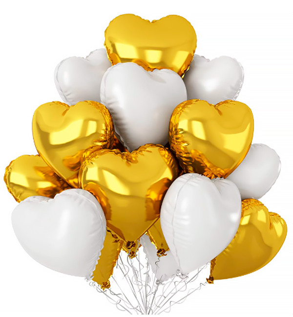 Набір повітряних кульок "Серця", 15 шт., розмір - 45 см., колір - білий із золотом