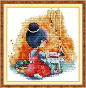 Набір для вишивання за нанесеною на канву схемою “The girl who embroidered ”. AIDA 14CT printed , 28*28 см., фото 1