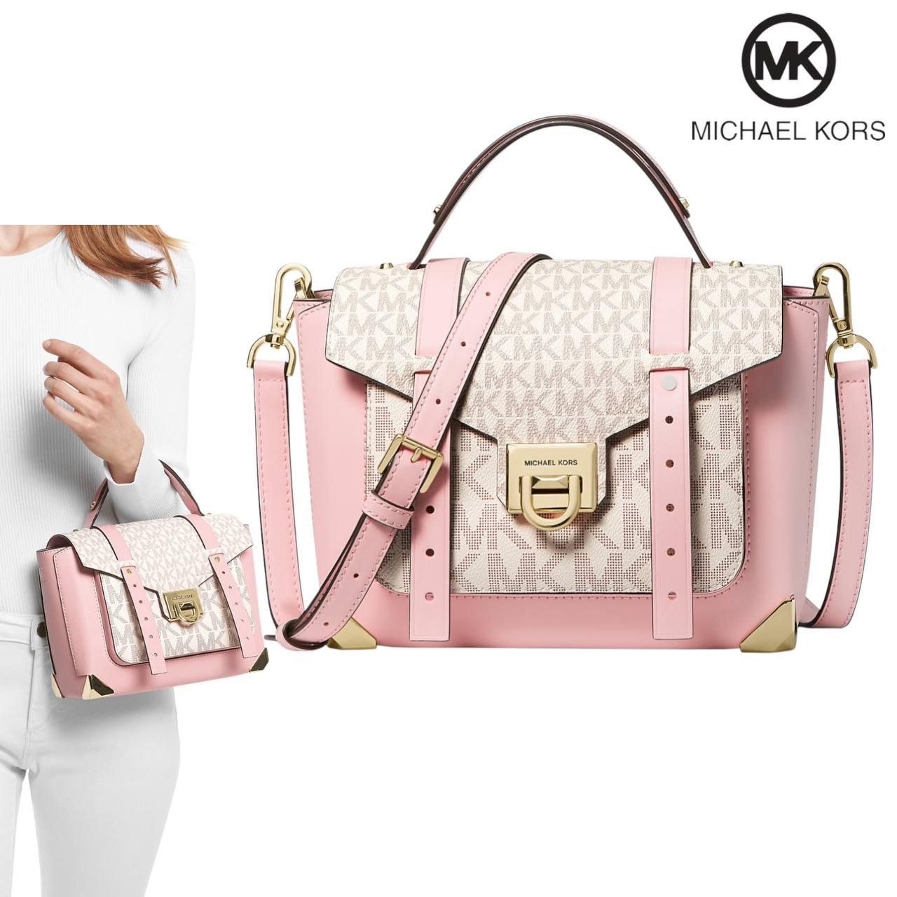Жіноча шкіряна сумка Michael Kors Manhattan Medium Leather and Logo Satchel (кремова) ОРИГІНАЛ
