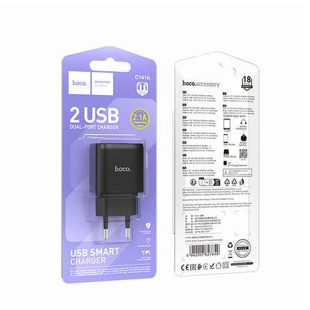 МЗП Hoco C141A Smart dual-port charger(EU) Black, фото 2