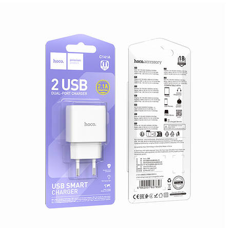 МЗП Hoco C141A Smart dual-port charger(EU) White, фото 2