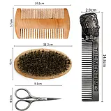 Чоловічий набір для догляду за бородою та вусами 4в1: щітка, дерев'яна та залізна гребінець, фото 3