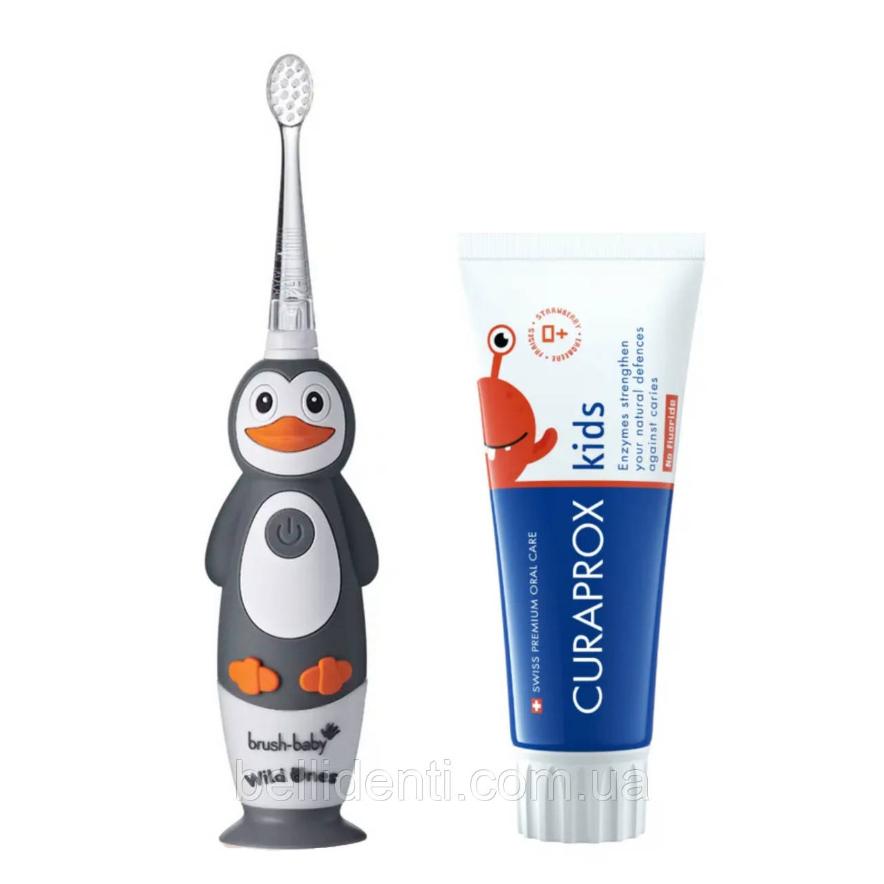 Набір Brush-Baby WildOnes Sonic Curaprox від 0 до 2 років (щітка пінгвін Percy + паста 60 мл без фтору)