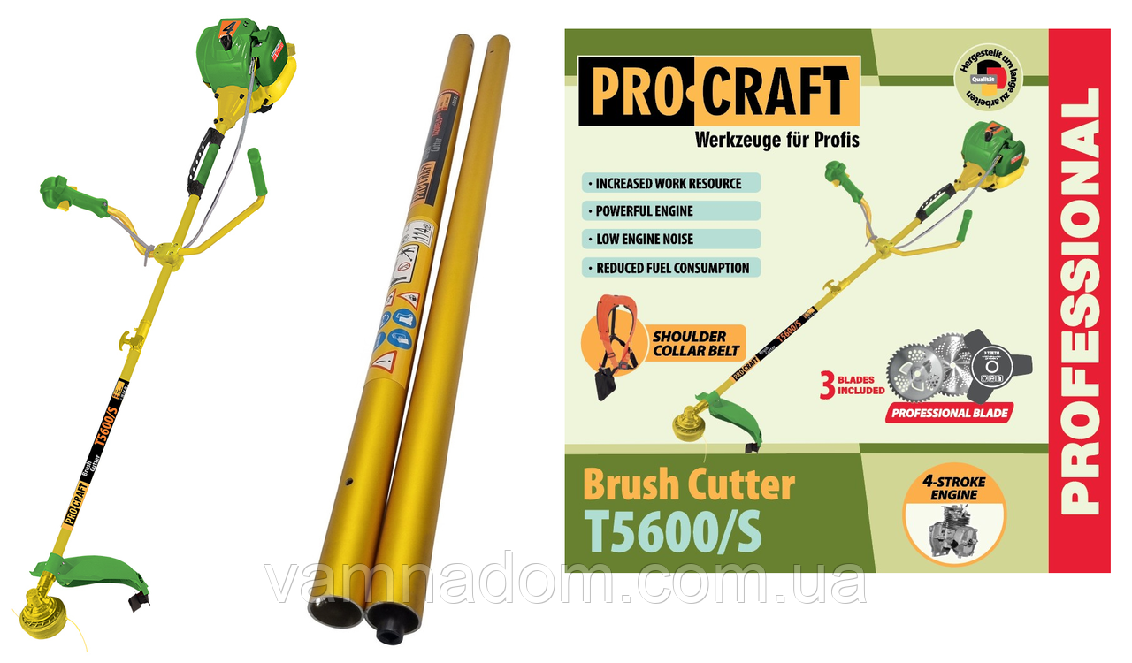 Бензокоса 4-тактна Procraft T5600/S (2 штанги: розбірна та суцільна, 3 ножі + качушка з волосінню +ремінь рюкзак)