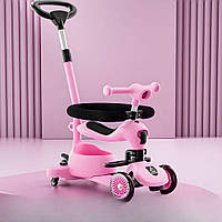 Дитячий самокат-трансформер 3 в 1 Maraton K619 із батьківською ручкою, захисним бортиком і світловими ефектами, рожевий.