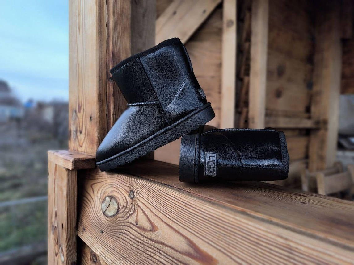 UGG Чорні низькі уги еко — шкіра жіночі теплі зимові міні-необорідки ботильйони, фото 1