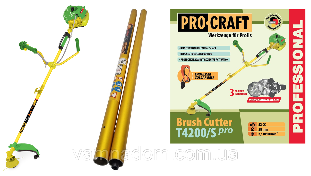 Бензокоса Procraft T4200/S Pro (2 штанги: розбірна та суцільна, 3 ножі + качушка з волосінню +ремінь рюкзак)
