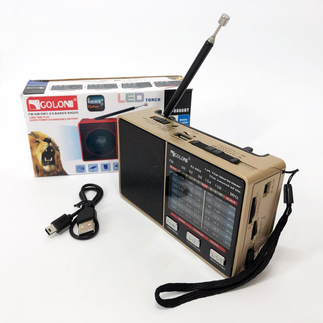 Радіо GOLON RX-8866 цифровий портативний радіоприймач із ліхтариком функцією PowerBank. Колір: золотий, фото 1