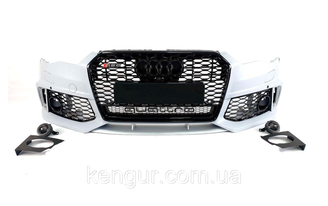 Бампер передній, стиль RS6 (чорна окантовка, QUATTRO) Audi A6 2014-2018, фото 1