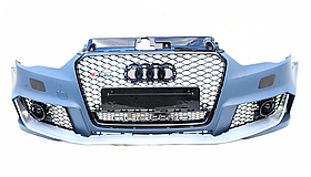 Бампер передній, стиль RS3 (хром окантовка, чорна сітка) Audi A3 2012-2015, хетчбек