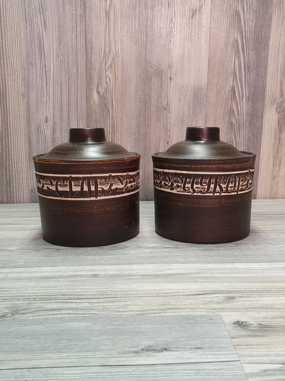 Цукорниця та сільничка, баночки, банки, ємності для зберігання цукру та солі (набір), глиняна (з червоної глини)