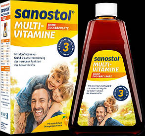 Sanostol Multivitamine – Мультивітамінний сироп для дітей від 3 років і дорослих, без цукру, з натуральним апельсиновим смаком