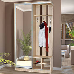 Стильна невелика прихожа купе 120 см у коридор з дзеркалом в повний зріст і гачками дуб сонома Візит Світ Меблів